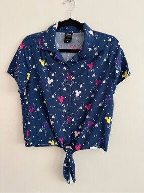 Her Universe Navy Button-Front Tie Hem Shirt with Multicolor Mickey Print